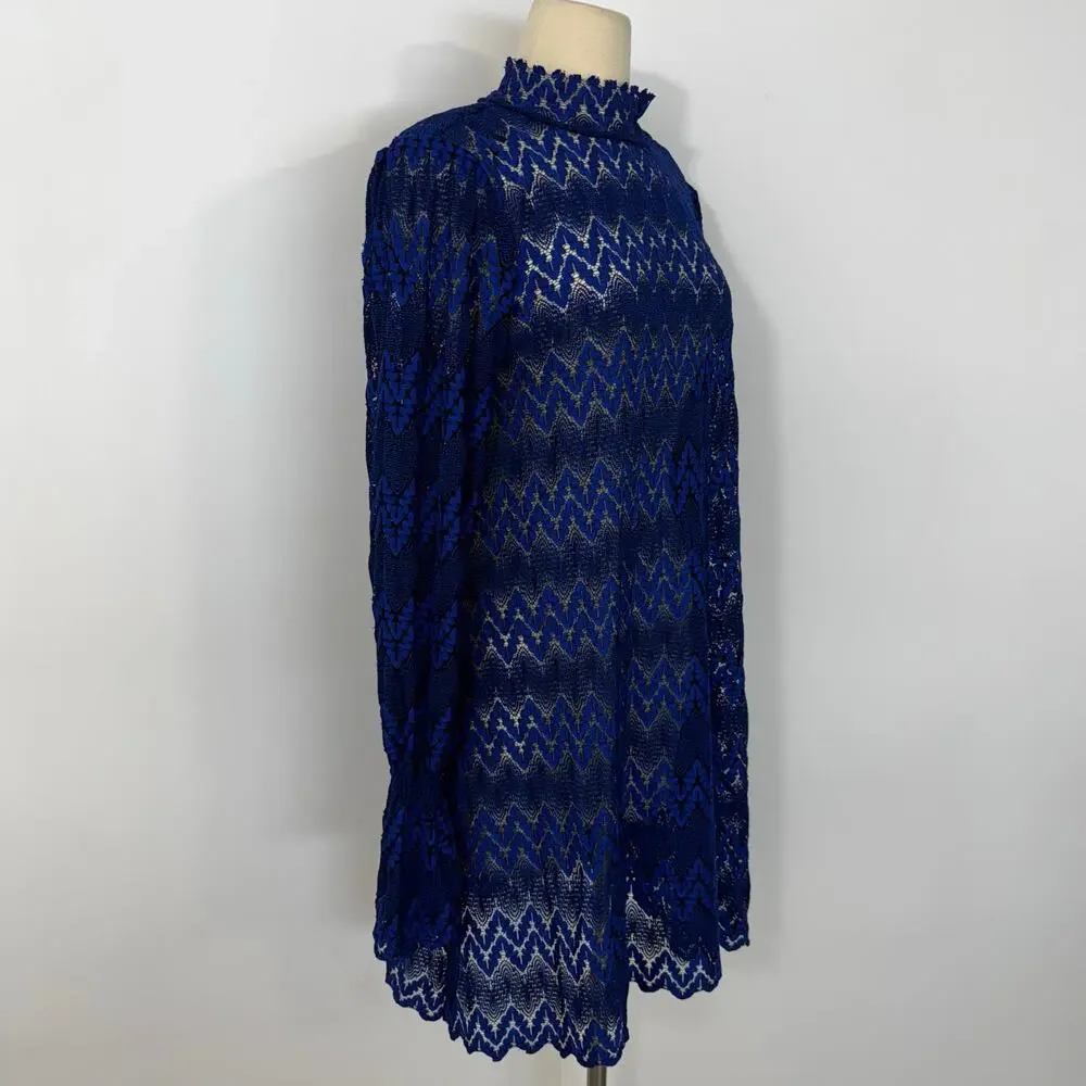 Free People Simone Lace Mini Dress Long Sleeve Zig Zag Cobalt Blue L No Slip